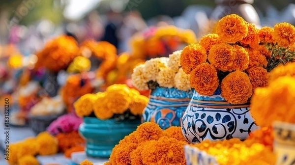 Obraz Close-up of vibrant orange marigold flowers in decorative vases, arranged on a table outdoors during the day.