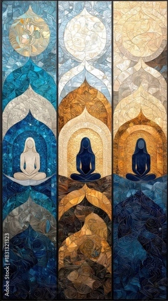 Obraz Three panels of stained glass depicting meditating figures in a serene and spiritual setting. The artwork features a mosaic-like style with various colors and t