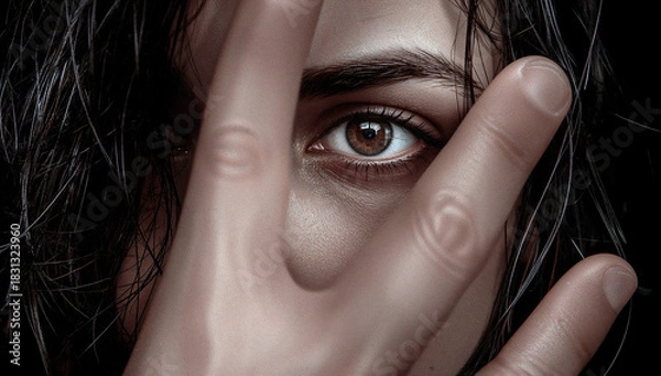 Obraz Eye peering through a hand reveals quiet vulnerability