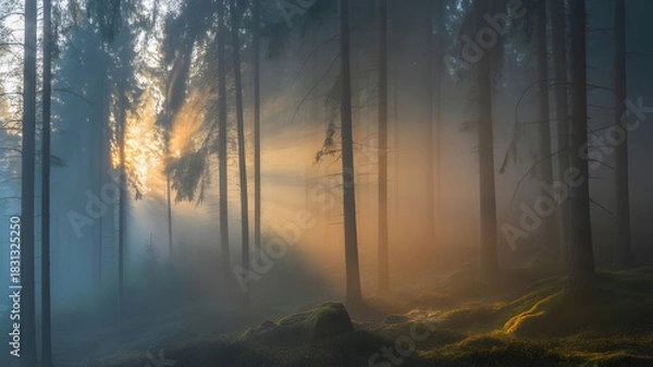 Obraz Sunlight through trees in a misty forest creating a warm and ethereal atmosphere in nature scene