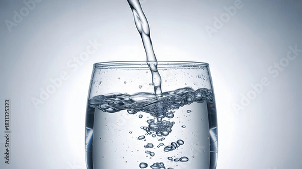 Obraz Water pouring into a clear glass creating bubbles and ripples against a light blue background studio shot