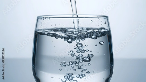 Obraz Pouring water into a glass with bubbles visible against a neutral background in a close up shot