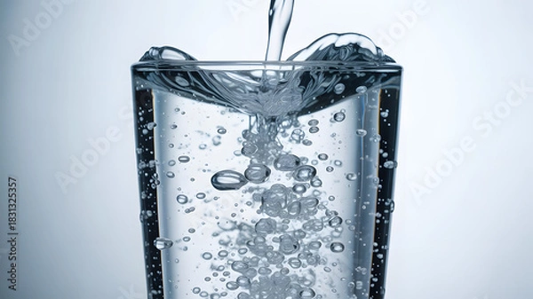 Obraz Water being poured into a glass creating bubbles and ripples against a light background image capture