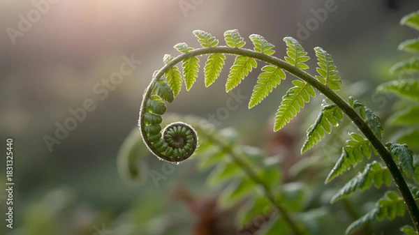 Obraz Close up of a curled fern frond with small leaves against a blurred green and brown background