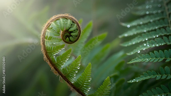 Obraz Close up of a fern frond unfurling with water droplets in a natural green environment outdoors