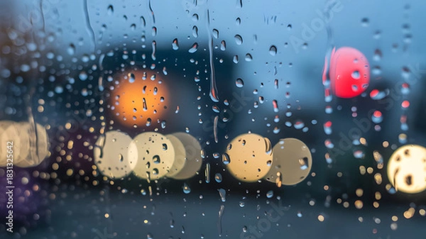 Obraz Raindrops on glass with blurred city lights creating a bokeh effect in the background at night time