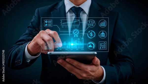 Obraz Animated financial data processing over businessman using tablet