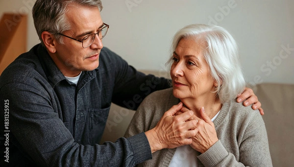 Obraz Anonymous senior man comforting his elder wife while holding hands