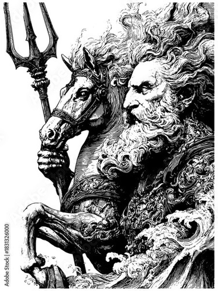 Fototapeta Vintage Engraving of Poseidon with Horse and Trident — Mythology Ocean God Illustration, Retro Etching Art