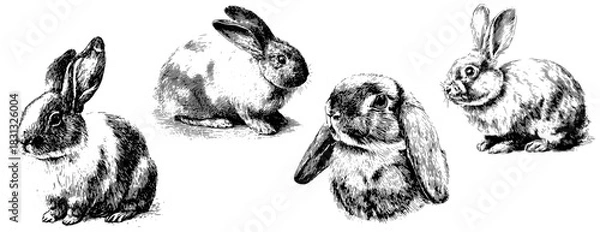 Fototapeta Vintage Engraved Rabbits Set Vector — Retro Etching Bunny Illustrations, Black and White Animal Clipart Collection