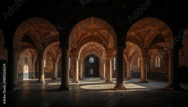 Obraz Architectural arches in a dramatic interior with light and shadow