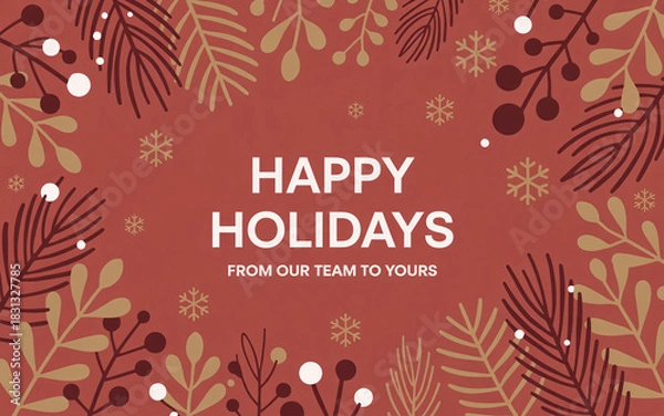 Fototapeta Happy holidays greeting card with floral and snowflake design on a terracotta background