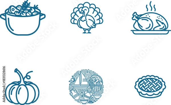 Fototapeta Thanksgiving Dinner Menu Icons Featuring Turkey Pumpkin Pot Roast Pie And More Elements in Blue Line Vector Design Perfect for Holiday Promotions and Recipe Illustrations