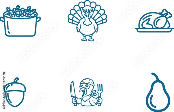 Fototapeta Thanksgiving Feast Icon Set with Festive Elements Represented by a Pot of Food Roasted Turkey an Acorn a Cooked Bird holding a Knife and Fork and a Pear on a White Background