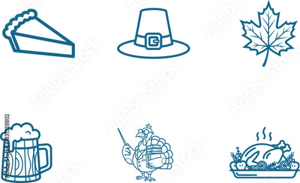 Fototapeta Thanksgiving Icons Illustration with Pie Pilgrim Hat Maple Leaf Beer Turkey and Dinner Depicting Holiday Celebrations and Festive Gatherings for Graphic Design and Creative Projects