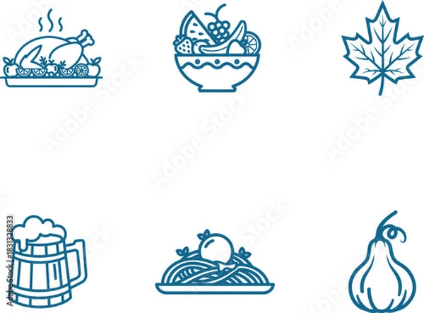 Fototapeta Thanksgiving Icons Set in Line Style Representing a Delicious Turkey Fruit Bowl Maple Leaf Beer Mug Spaghetti and a Festive Pumpkin Vector Art