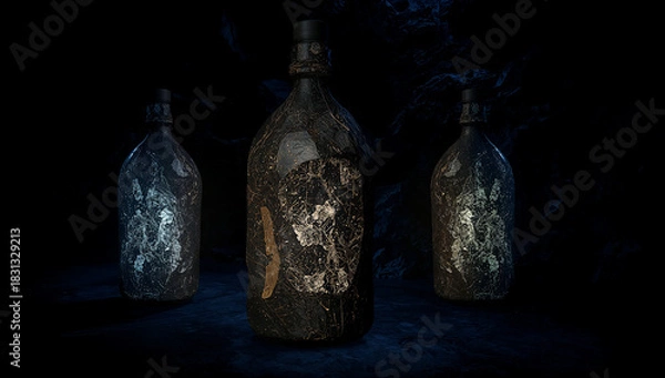 Obraz Three mysterious stone bottles glowing in darkness