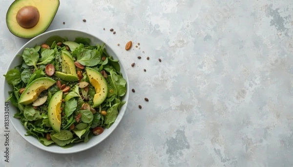 Fototapeta A fresh and healthy green salad with sliced avocado, almonds, and quinoa seeds in a white bowl
