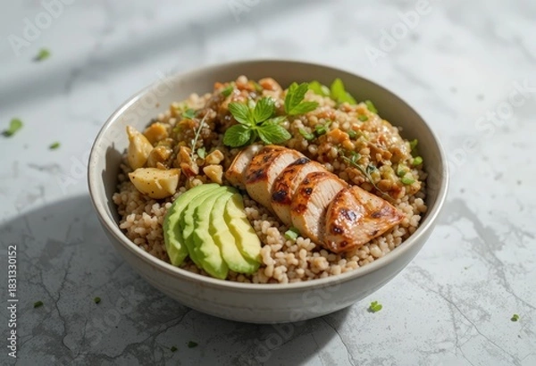 Fototapeta A balanced and healthy power bowl featuring sliced grilled chicken breast, fan-sliced avocado, and a bed of grain (possibly couscous or bulgur) topped with lentils and fresh herbs