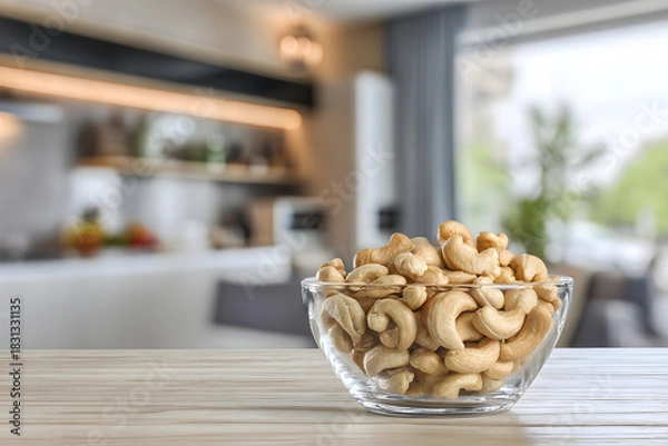 Obraz Cashews in a glass bowl on a blurred background of a modern kitchen