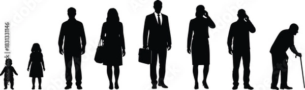 Obraz Human life cycle stages silhouette vector illustration set showing people from baby, child, young adult, businessman, to elderly person with a cane, representing aging process.
