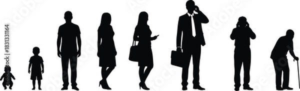 Obraz Human life stages silhouette progression showing growth from infancy to old age, diverse male and female figures, timeline evolution concept vector illustration for education and demographic studies
