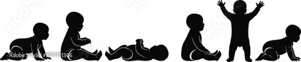 Obraz Infant motor development stages, crawling, sitting, standing, baby growth milestones, silhouette sequence, physical progress, early childhood movement, vector illustration
