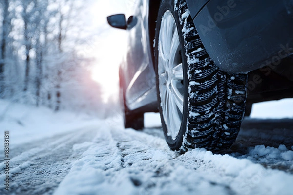 Obraz Close-up of a car's winter rubber tire on snow