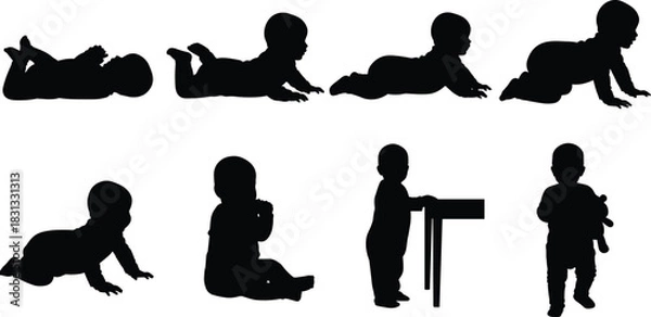 Obraz Infant Development Stages Baby Milestones Crawling Sitting Standing Walking Newborn Child Growth Learning Silhouette Vector Illustration Set Isolated on White Background