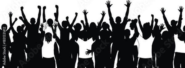 Obraz Large crowd of diverse people silhouette cheering loudly with raised hands, representing celebration, concert, political protest, football fans, or joyful crowd vector illustration.