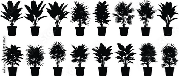 Obraz Large collection of tropical potted indoor and house plants silhouette vector set, exotic foliage, palm leaves, and decorative natural elements for modern home, office, and urban jungle design.