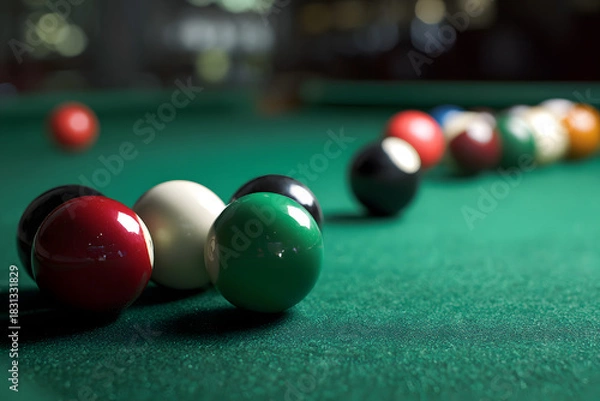 Obraz Close-up of a green billiard table and balls