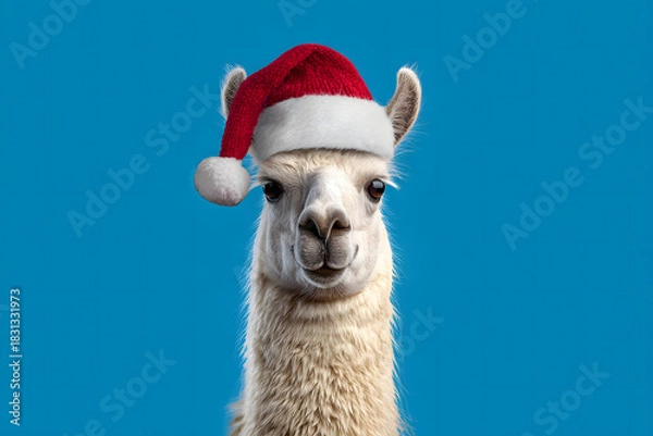 Obraz Cute llama in a Santa hat on a blue background
