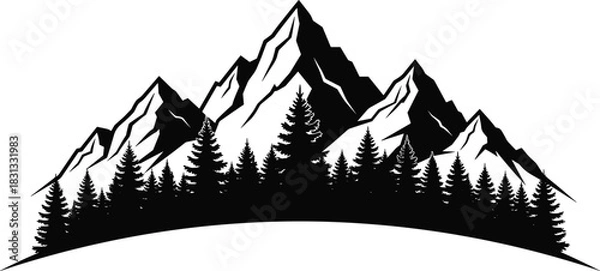 Obraz Rugged mountain peaks over pine tree forest silhouette vector illustration, nature landscape graphic, hiking, adventure, camping, wilderness travel, and outdoor environment design element concept.