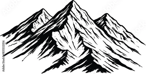 Obraz Rugged mountain range vector illustration with sharp peaks and rock textures, black and white drawing style, high altitude nature landscape graphic element for adventure and hiking concepts.