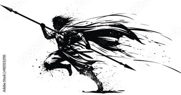 Obraz Running warrior holding long spear black silhouette vector illustration, fantasy hero in cape, dynamic aggressive action pose, medieval soldier, battle graphic, ink splash style.