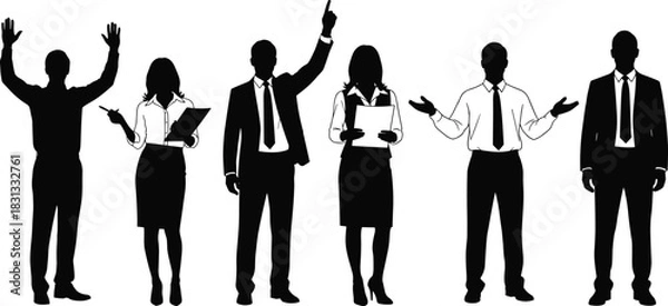 Obraz Set of Business People Silhouettes Vector Illustration Showing Men and Women in Formal Wear with Gestures, Presenting, and Holding Documents for Corporate Design