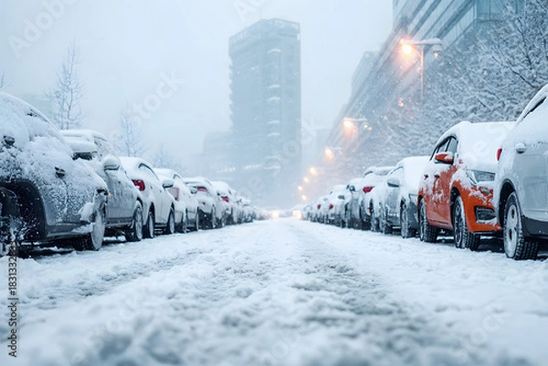 Obraz Snow-covered cars in a city parking lot during a snowfall