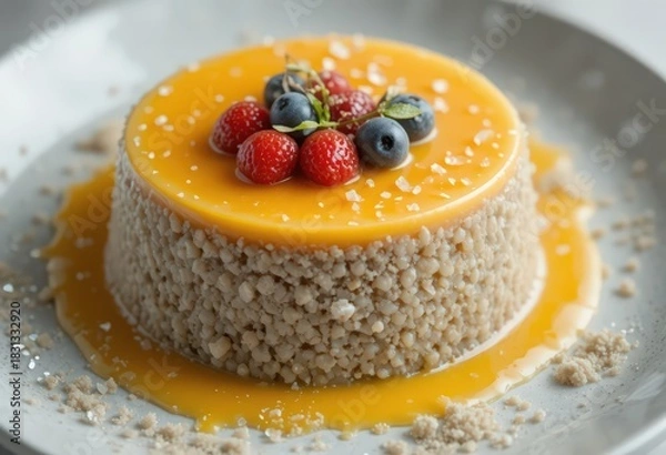 Fototapeta Luxury Mango Flan Dessert Topped with Fresh Raspberries and Blueberries on White Plate with copy space
