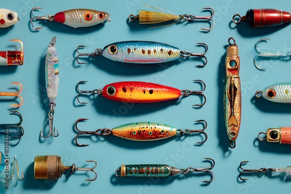 Obraz Various fishing lures on a blue background