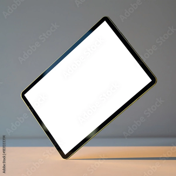 Fototapeta A sleek, modern tablet computer with a blank white screen is displayed at an angle, ideal for mockups and presentations. A clean, minimalist technology concept