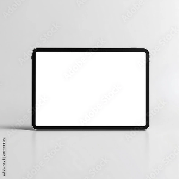 Fototapeta Sleek digital tablet in landscape mode with a blank white screen mockup, isolated on a minimalist light gray background with a soft reflection