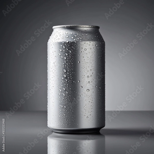 Fototapeta A cold silver aluminum beverage can covered in condensation, a blank template for drink branding on a sleek reflective gray background