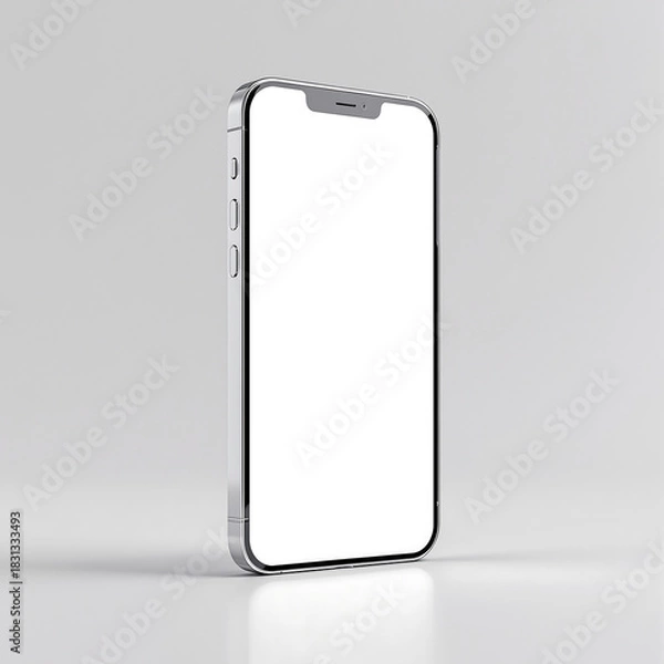 Fototapeta High-quality digital render of a modern smartphone with a blank white screen, presented in a perspective view on a clean, minimalistic background for mockups