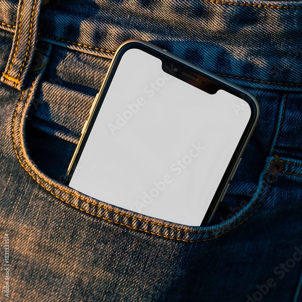 Fototapeta A modern smartphone with a blank white screen for mockup purposes, neatly placed in the front pocket of dark blue denim jeans
