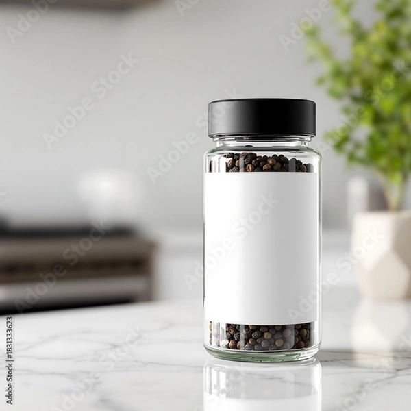 Fototapeta Glass jar of whole black peppercorns with a blank white label for product mockup, presented on a modern marble kitchen countertop
