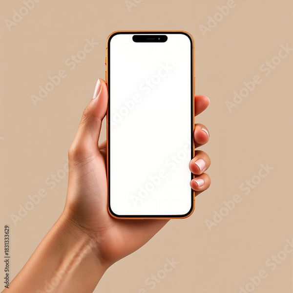 Fototapeta Woman's hand holding a modern smartphone with a blank white screen for mockup purposes, isolated on a clean, neutral beige background