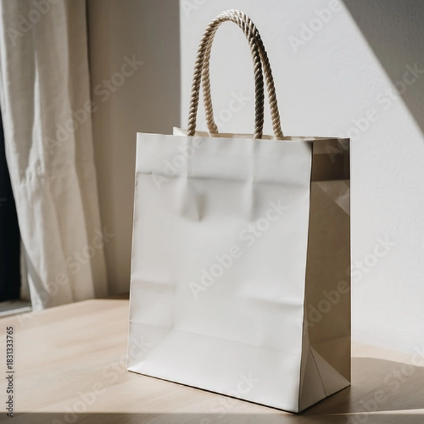 Fototapeta White paper shopping bag with twisted rope handles on a wooden table with natural light, ideal for retail branding mockups and packaging designs