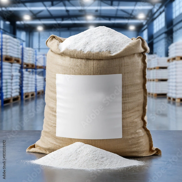 Fototapeta An open burlap sack filled with a fine white powder, featuring a blank label for custom branding, situated in a large warehouse facility