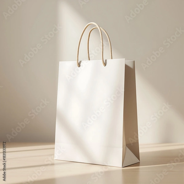 Fototapeta Blank white paper shopping bag mockup with handles stands on a wooden floor in natural sunlight with shadows. Minimalist product packaging template for branding